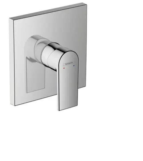 Ein Hansgrohe-Brausemischer bestehend aus einem chromglänzenden, runden Griff und einer rechteckigen Wandplatte, zur Unterputzmontage geeignet.